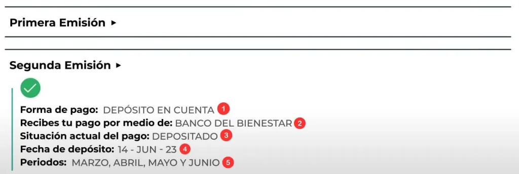 Detalles de la segunda emisión de pago de Becas Benito Juárez: depósito en cuenta del Banco del Bienestar, pago depositado el 14 de junio de 2023, cubriendo los meses de marzo a junio