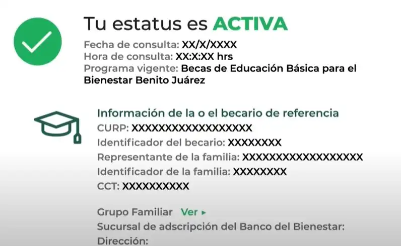 Estatus activa en Becas Benito Juárez con datos del becario y familia.