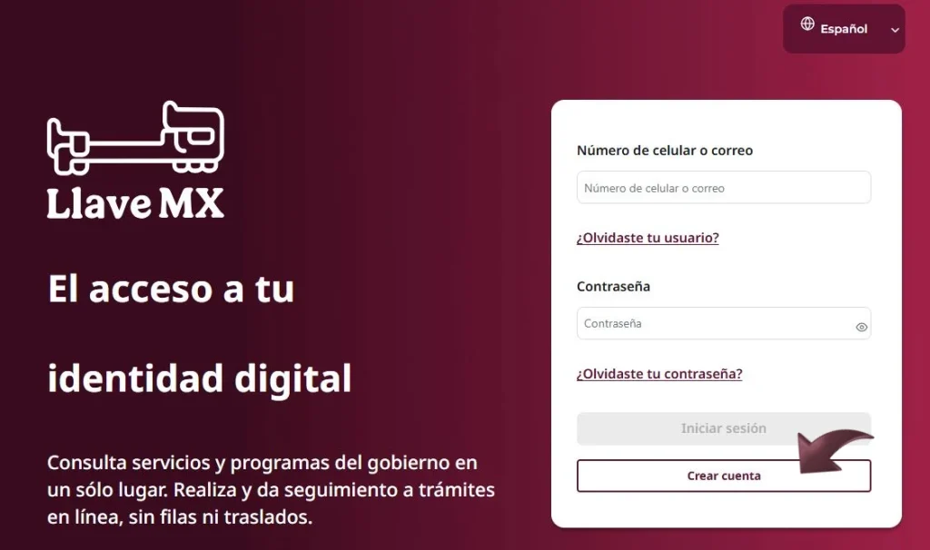 Pantalla de inicio de sesión de Llave MX con campos para ingresar número de celular o correo electrónico y contraseña, junto a la opción de crear cuenta.